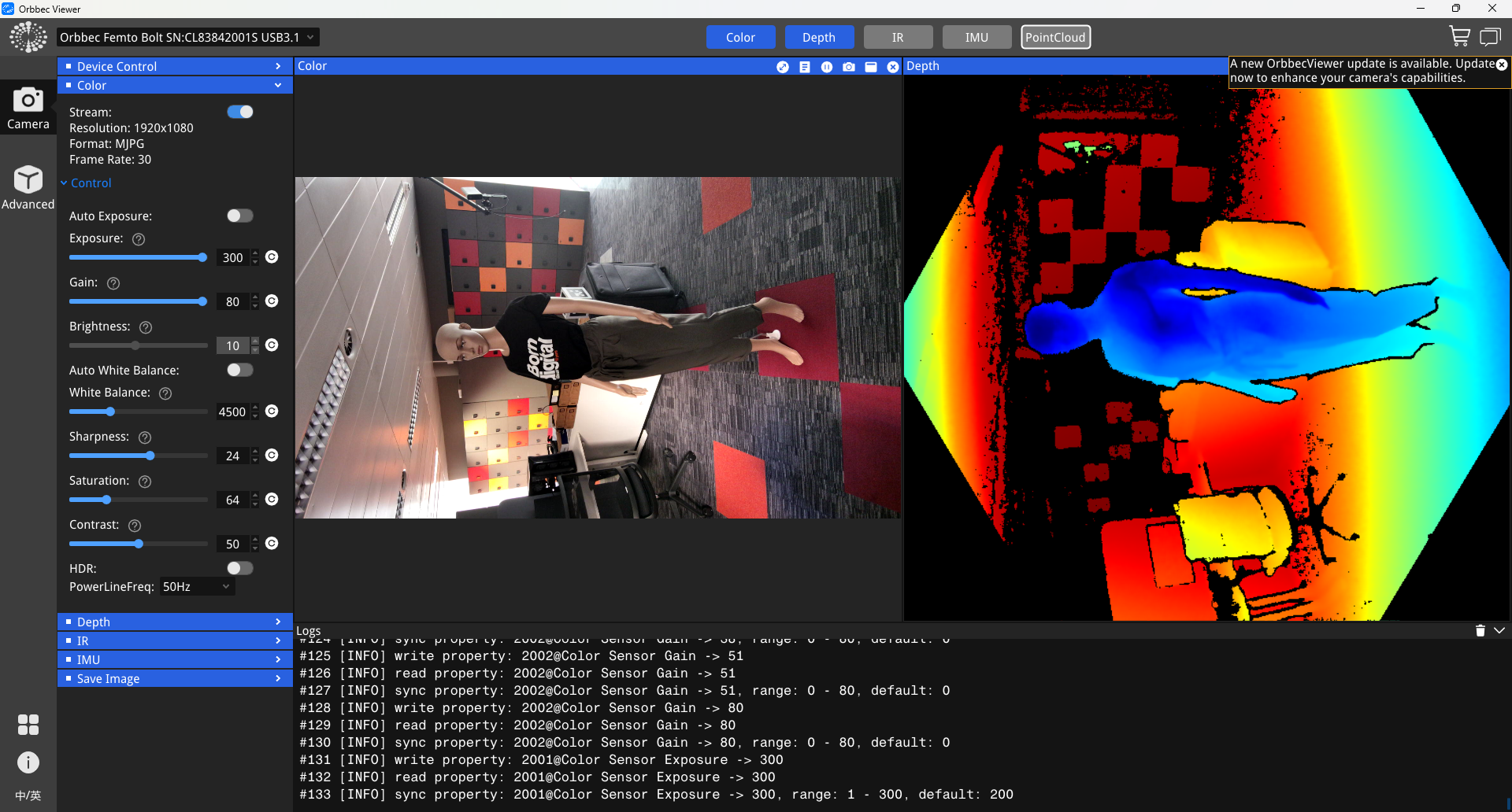 Orbbec viewer example capture with color camera controls